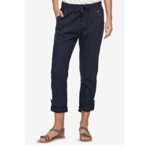 Roxy Linen Blend Casual Pants Womens Small Navy Blue Drawstring Beach Trousers